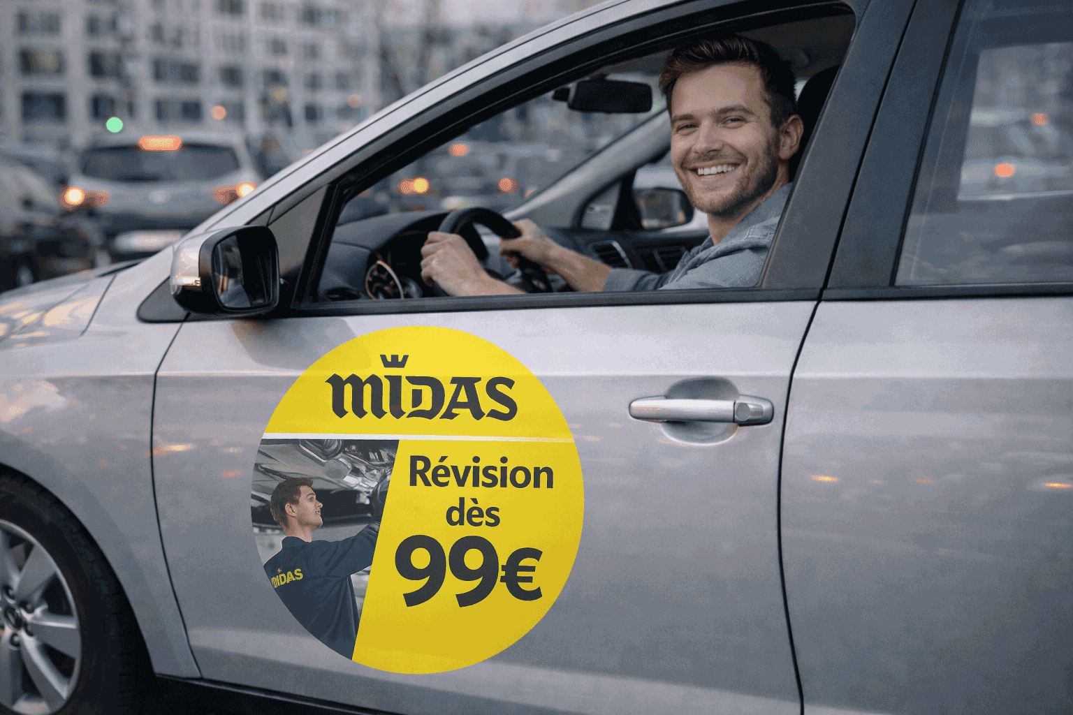 Conducteur souriant dans un véhicule gris avec un logo adhésif rond midas sur sa portière conducteur.