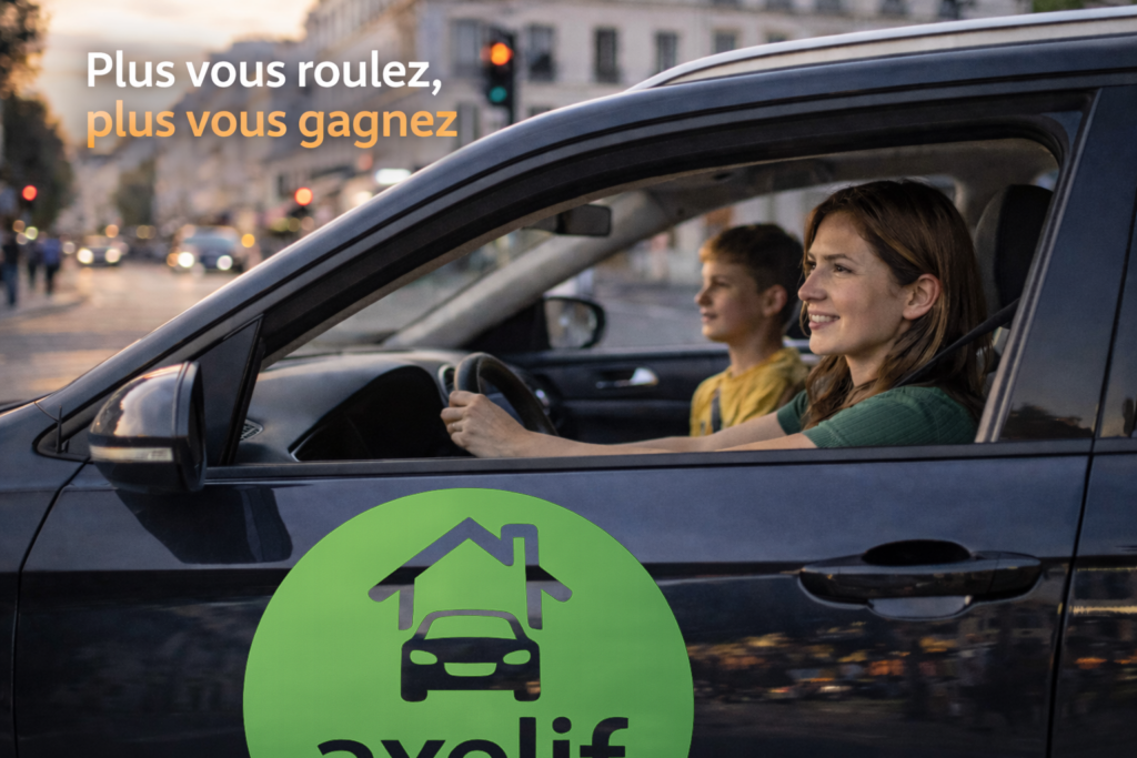 Une femme souriante au volant de sa voiture avec son enfant côté passager et un logo vert sur la portière conducteur