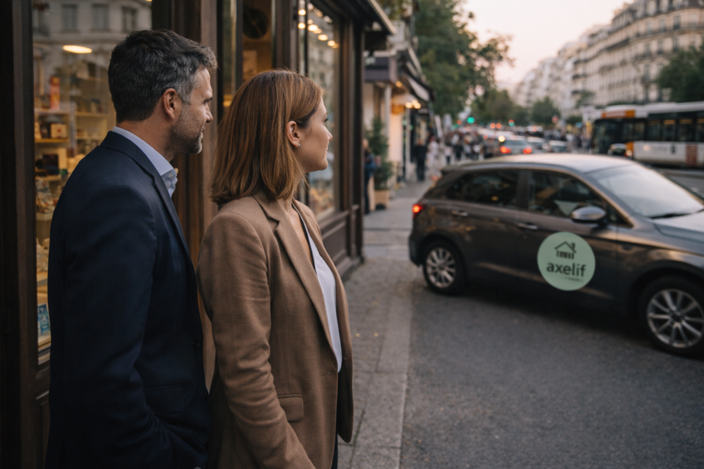 Un couple dans la rue regarde un véhicule sombre marqué avec leur logo sur la portière passager.