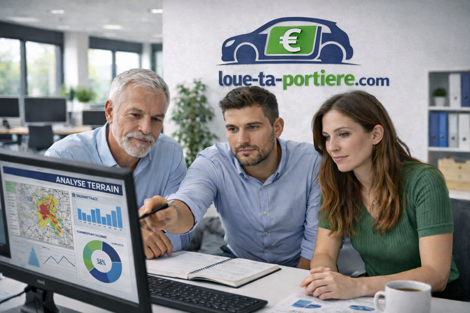 équipe loue-ta-portiere.com composée de trois personnes qui analyse des résultats sur un ordinateur