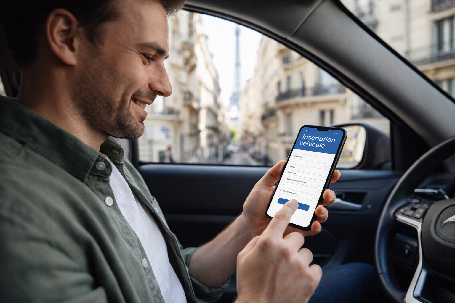 un homme au volant de sa voiture qui rempli un formulaire d'inscription pour référencer son véhicule sur loue-ta-portiere.com