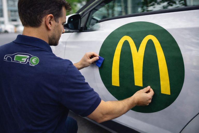 Un technicien de loue-ta-portiere.com pose un adhésif rond sur une portière conducteur de véhicule blanc.