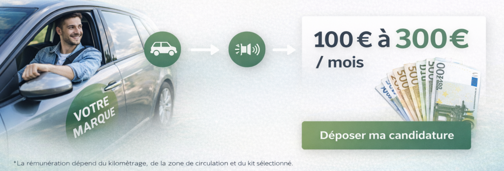Schéma expliquant qu'un conducteur peut gagner entre 100 et 300 € en roulant au quotidien avec sa voiture s'il possède un kit adhésif premium ou urban sur sa voiture