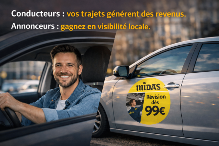 Conducteur souriant au volant d'une voiture avec un logo rond sur sa portière