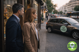Un couple dans la rue regarde un véhicule sombre marqué avec leur logo sur la portière passager.
