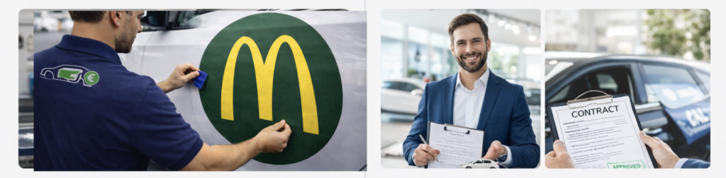 Pose d’un adhésif publicitaire avec suivi et contrat Loue-ta-portière